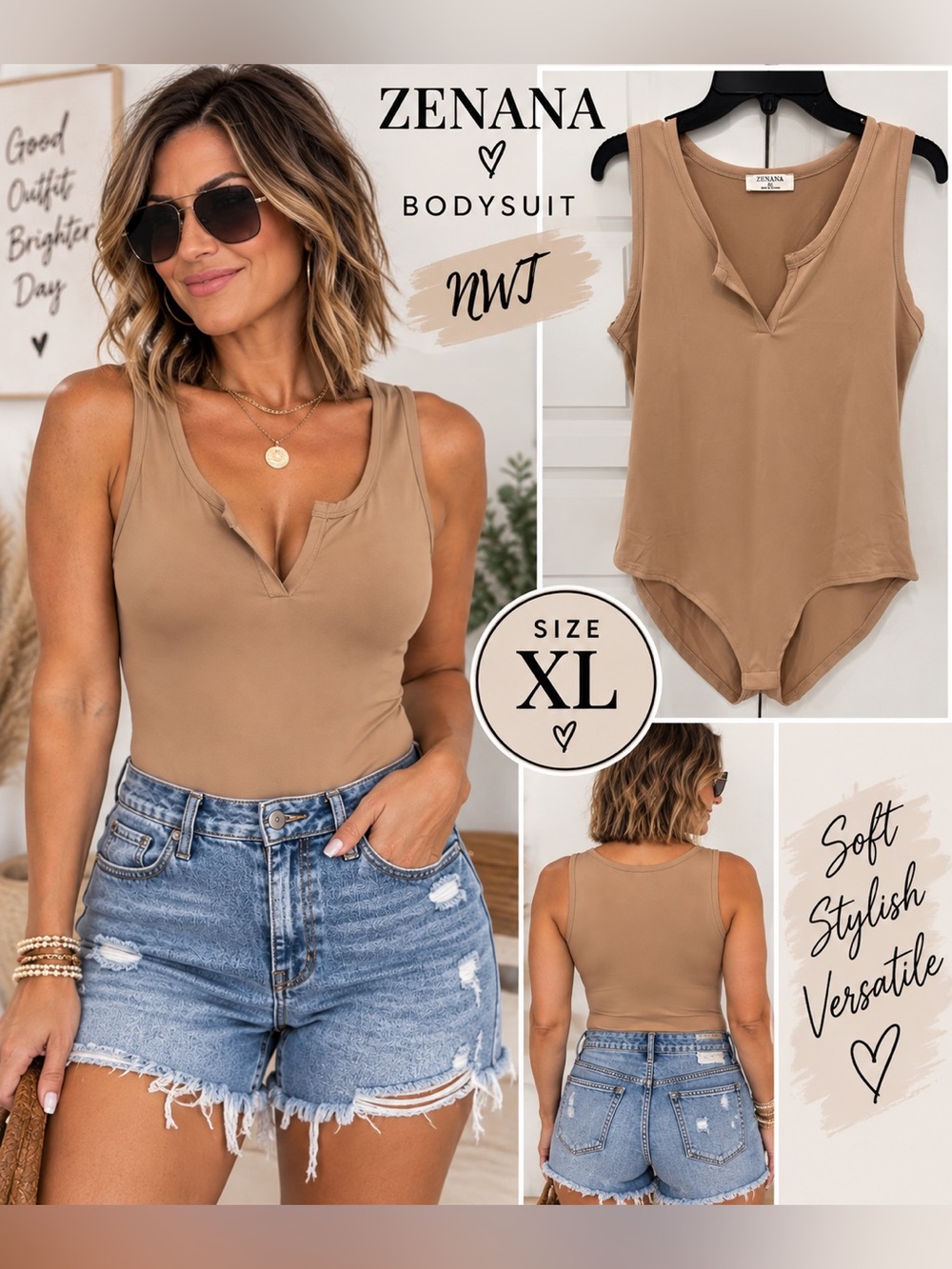 Zenana Outfitters Tan V-Notch Sleeveless Bodysuit